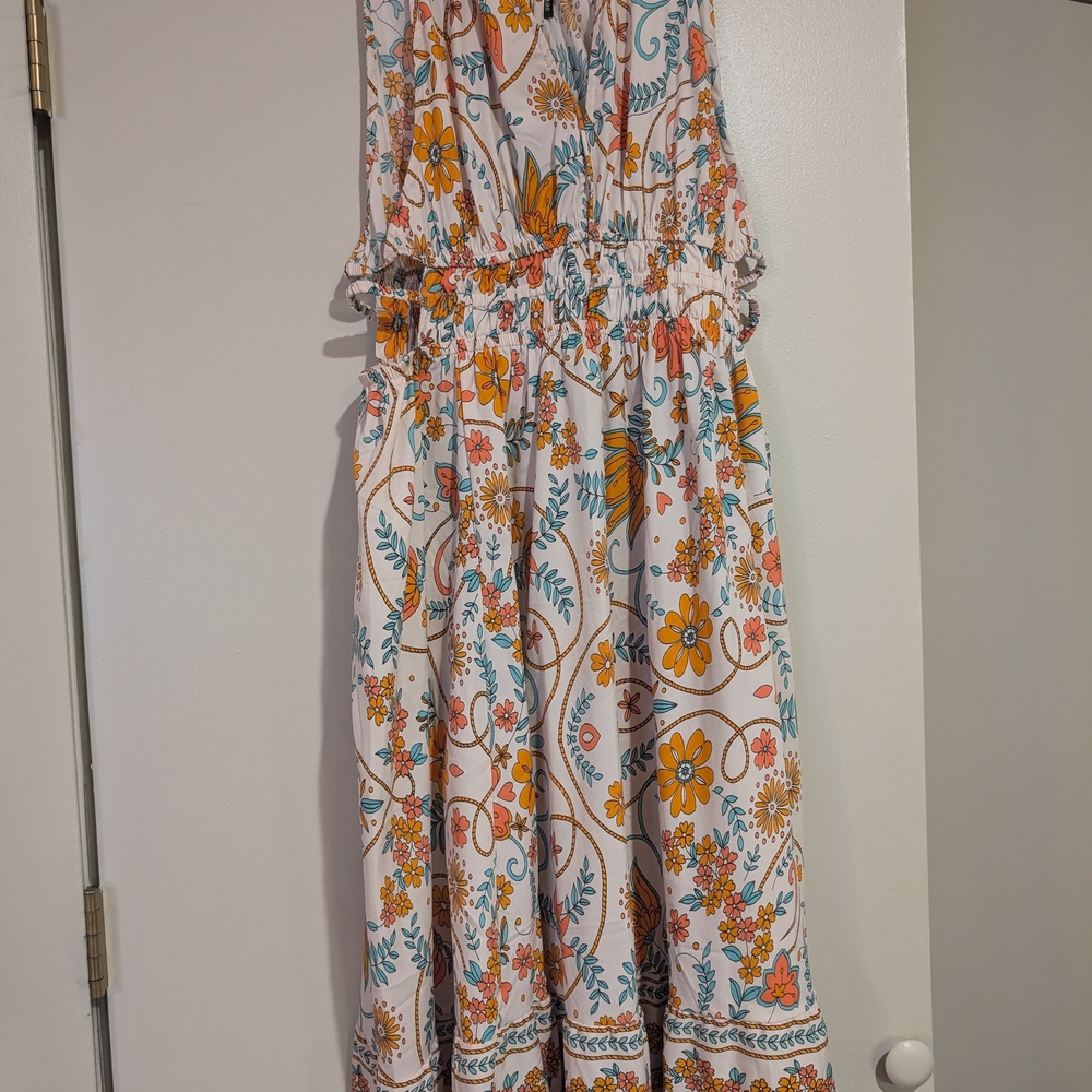 Floral Maxi Dress with Orange and Blue Accents